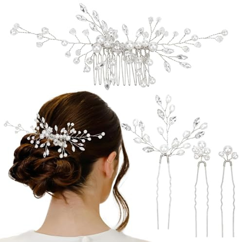Hochzeits-Haarschmuck – 4 Stück Braut-Haarkamm und U-förmige Haarnadeln mit Kristallperlen für Frauen und Mädchen, Silber