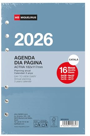 Miquelrius Nachfüllpack für Terminplaner 2026, 16 Monate, Tagesansicht, Ringbucheinlage, ähnlich A6+ (117 x 182 mm), Ersatz für Terminplaner mit 6 Ringen, CAT-EN-PT
