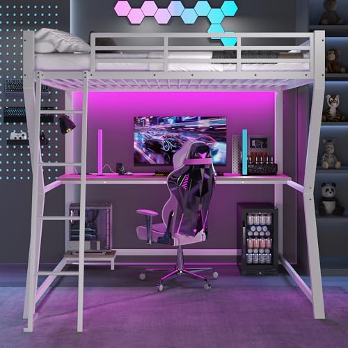 Merax Hochbett 140×200 Weiß mit LED & Steckdose – Metallbett mit Schreibtisch, Geländer & Treppe, multifunktionales Gaming Hochbett für Jugendliche & Erwachsene, ideal für Jugendzimmer & WG