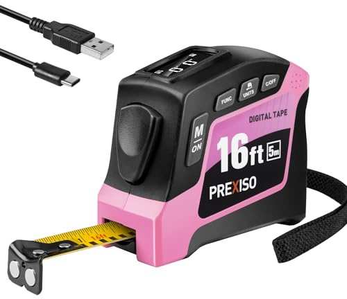 PREXISO Mètre à ruban numérique 2 en 1 – Ruban à mesurer numérique rose de 4,8 m rechargeable, unité Ft/Ft+in/in/M/CM/MM – Mètre à ruban électronique rétractable métrique et pouces, pythagoricien