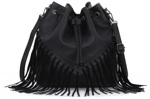 EVEOUT Borsa a Secchiello da Donna in Ecopelle con Frange,Stile Occidentale,Borsa a Tracolla con Nappa,Hippie e boho per Quotidiano