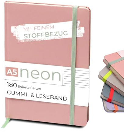 Rössler NEON Notizbuch A5 liniert | Journal Buch mit Stoffbezug & Fadenbindung | Notizbuch A5 Softcover | Gummi- & Lesebändchen in NEON - Urban Style | 180 Seiten á 100g/m2 | Farbe: Rose