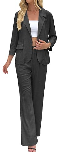 Set di 2 pezzi da donna in lino, con giacche Blazer, set di tailleur, pantaloni a gamba larga, abbigliamento business casual da lavoro, nero, S