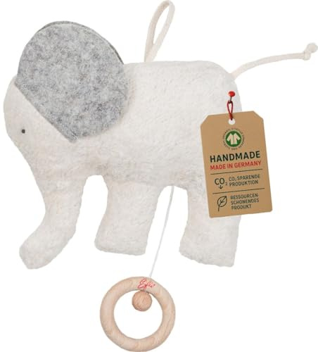 Efie Spieluhr Elefant mit Wollfilz Ohren, Material aus kontrolliert biologischem Anbau, 100% Made in Germany seit über 60 Jahren (Melodie Au Claire de la Lune)