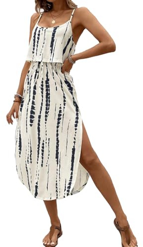 JENJON Mujer Vestidos de Verano Cuelle en U Elegante Sin Mangas Cintura Alta Vestido de Playa A-Blanco M