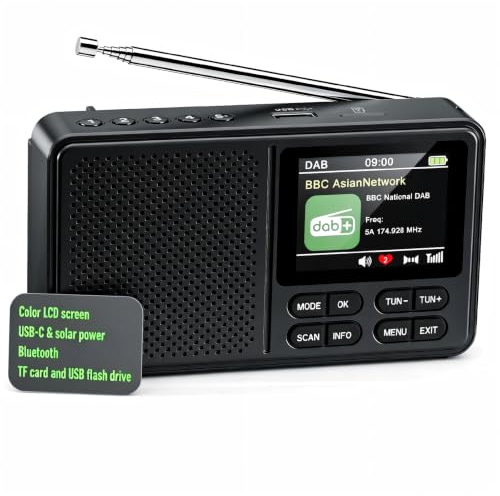 Plictode DAB/DAB+ Digital Radio, UK Spec, 2.4 Inch Colour Display | Portable Radio with Bluetooth 5.0, 80 Presets, 1800mAh Rechargeable Battery, Solar & USB-C Charging, Alarm Clock, TF/AUX/USB