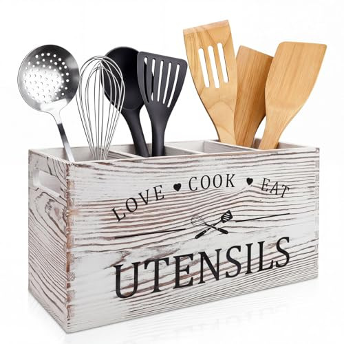 Kitchen Utensils Holder, 4 Compartment Wood Cutlery Holder with Drainage Bottom Removable Divider, Farmhouse Utensil Organiser Cutlery Caddy, Wooden Cooking Tools Storage for Countertop (White)