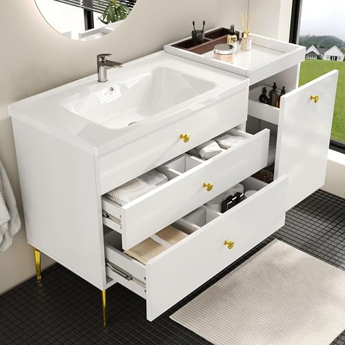 Ktipm Mueble de Baño con Lavabo Moderno, Mueble Baño con Cajones y Patas Metálicas, Muebles Auxiliares de Baño Lavabo con Mueble, 120x47.5x80 cm, Blanco