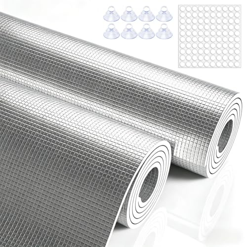 Zuschneidbar Aluminium Isolierfolie Mit Saugnäpfen, 8mm UV-Schutz Sonnenschutzfolie Fenster Innen Oder Außen, Wärmeisolierung Sichtschutzfolie Hitzeschutzfolie Für Heimbüro, Garage(60x105cm)