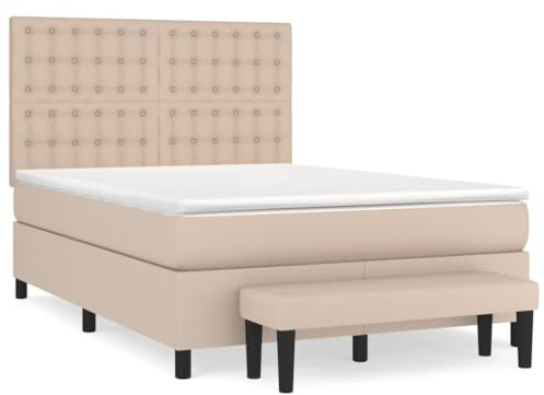 QJBSAVVA Lit Complet Boxspring 140x200 cm avec Matelas et Banc Cappuccino | Ensemble de lit complet pour chambre avec structure en similicuir, tête de lit réglable, matelas et banc assorti.