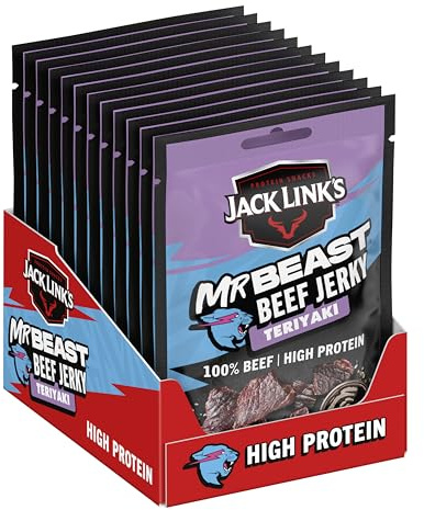 Jack Link's Beef Jerky, Teriyaki Flavour, Multipack of 12 x 25g Bags, High Protein Meat Snack, Made with Premium Beef