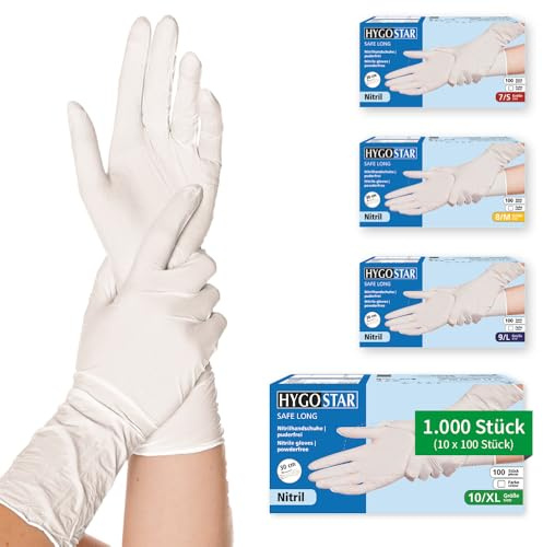 FRANZ MENSCH Hygostar Nitrilhandschuhe Safe Long | puderfrei, Karton, weiß, 10/XL, 30cm, 1000 Stück, Einweghandschuhe, extra lang, langer Schaft