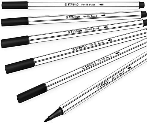 STABILO - Premium Fasermaler mit Pinselspitze Pen 68 Pinsel - Brieftasche mit 6 Stück - Schwarz
