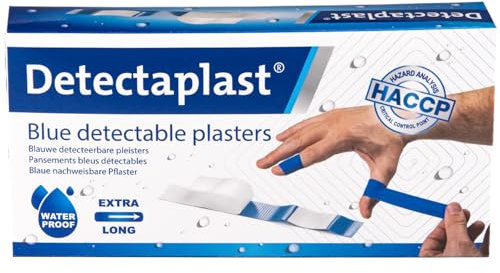 Detectaplast Pflaster wasserfest Universal, blaue Wundpflaster für den Umgang mit Lebensmitteln, detektierbare Pflaster für Erste Hilfe Sets in der Gastronomie, 120 x 20 mm, 100 Stück