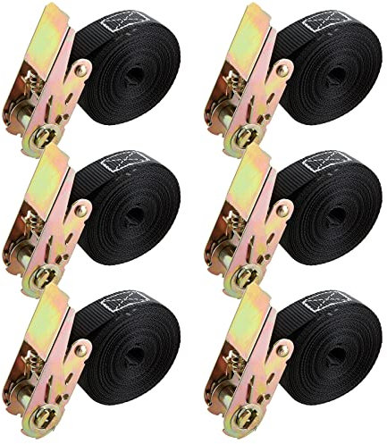 GOYADA 6 x 800kg Black Ratchet Straps, 2.5cm x 6m Heavy Duty Long Ratchet Tie Down Lashing Straps, Small Mini Metal Cam Buckle Endless Ratchet Straps for Cargo Trucks, Motorbikes, Luggage, Roof Rack