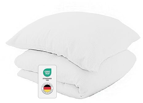 jilda-tex Bio-Bettwäsche Musselin Medina 100% Bio-Baumwolle Knitterlook Bügelfrei Uni Made in Green (Weiß, 135x200 + 80x80 cm)