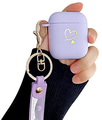 Fycyko Kompatibel mit AirPods Hülle, Airpods Hülle 2 Generation und Airpods Hülle 1 Generation Aesthetic Gold Love Herzen Cute Muster mit Schlüsselanhänger Silikon Girls Case für Airpods 2 & 1- Lila