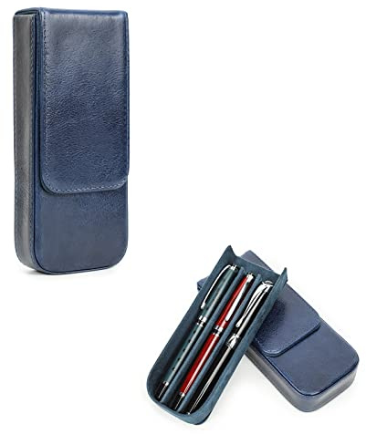 Hiram Läder pennfodral, bärbar pennbox med dold magnetisk klicklås och avtagbar pennhållare, läder pennfodral, Blå, Voor 3 Pennen, Modern