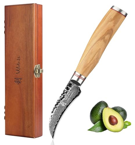 Wakoli Olive HS Schälmesser aus echtem Damaststahl (VG10 Kern) mit 7 cm gebogener Klinge – Scharf & handlich – Damastmesser mit Olivenholzgriff in Geschenkbox – Tourniermesser für Obst & Gemüse