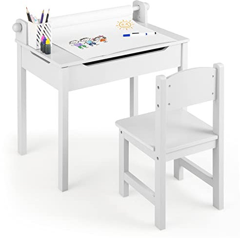 DREAMADE Schreibtisch Kinder mit Stuhl, Schülerschreibtisch aus Holz, Jugendschreibtisch, Kindertisch, Kinderschreibtisch mit Papierrollenhalter & Stauraum, Papierrolle und Markern inkl. (Weiß)
