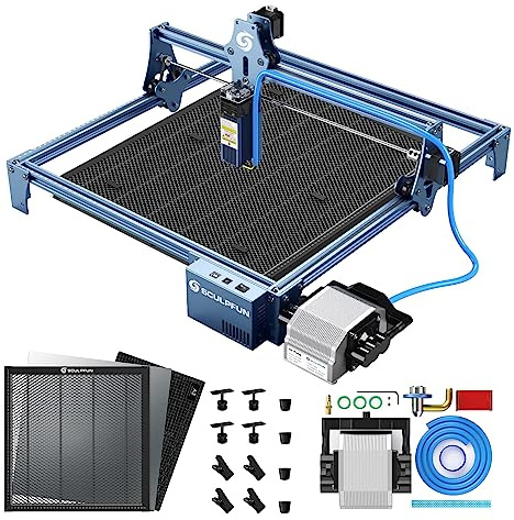 SCULPFUN Máquina de grabado láser S9 con mesa de trabajo de panal láser, asistencia de aire, 90 W, efecto madera, grabado de corte, enfoque preciso, 410 x 420 mm, grabado láser grande con gafas de