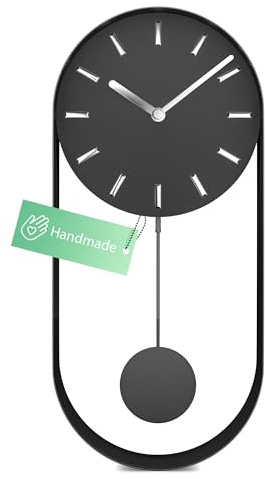 Mebus Moderno orologio da parete a pendolo grande senza ticchettio, realizzato a mano in metallo, movimento al quarzo, 40 x 20 cm, colore grigio nero