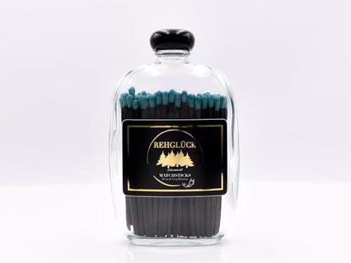 REHGLÜCK Schwarzwald, dekorative Flasche gefüllt mit ca. 80 10 cm langen Streichhölzern (Taschenflasche mit schwarzem Deckel - Streichhölzer: schwarzer Body - blauer Kopf)