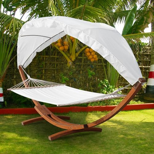 Vkechh Hängmatta XXL med ram och soltak 410 cm, upp till 200 kg, liggyta 200 x 150 cm, hammock av väderbeständigt lärkträ, stånghängmatta för 2 personer, utomhus och inomhus