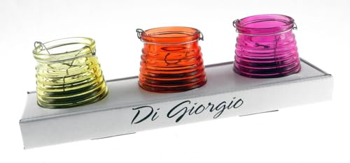 Set da 3 Porta tealight in vetro colorato e manico in metallo