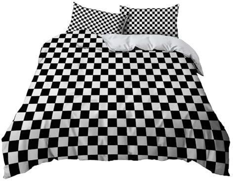 Bettbezug Drucken Bettwäsche Set 155 x 220 cm, Schwarz Weißes Schachbrettmuster Bettwäsche-Set Erwachsener Teenager Kinder Deluxe Mikrofaser Weiche Schwarz Und Weiß Bettbezug mit 2 Kissenbezüge