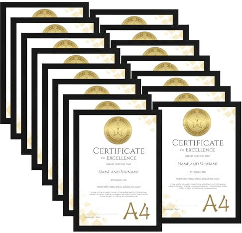 HORLIMER Cadre A4 Lot de 15, Cadre Photo A4 en MDF avec Grain de Bois de Couleur Noir pour portrait de famille, souvenirs de voyage, œuvre d'art