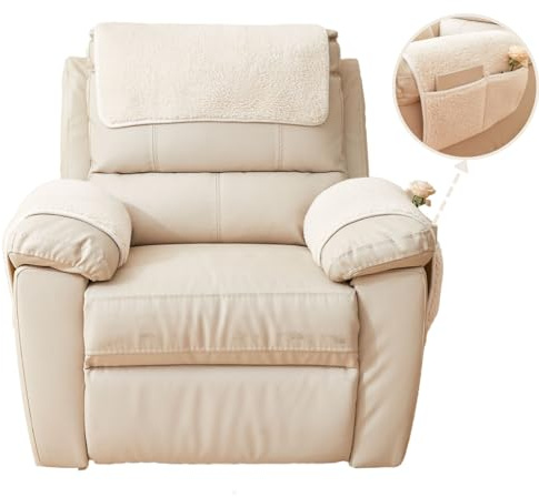 vctops 3 Pieces Sherpa Fleece Sofa Armrest Cover for Recliner Chair with Storage Pockets Non Slip Headrest Cover Fuzzy Couch Cover for Dogs Washable Furniture Protector (Cream,1 Seat)