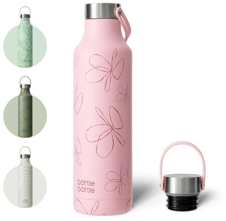 BottleBottle 600ml Insulated Water Bottle with Handle Hiking Drink Flask (Pink Flower)