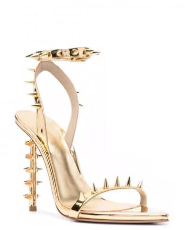 THOYBMO High Heels Damen Sandalen mit Absatz Offener Spitze Stiletto Nieten Pumps mit Fesselriemchen Partykleid Schuhe10cm,Gold,35