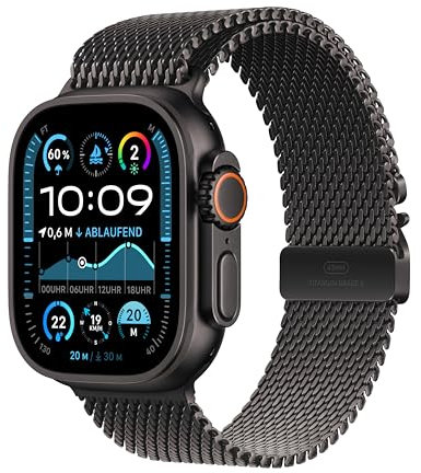 Apple Watch Ultra 2 (GPS + Cellular 49 mm) Smartwatch, Sportuhr mit Titangehäuse in Schwarz und Milanaise Armband in Titan Schwarz (S). Fitnesstracker, präzises GPS, Actiontaste, CO₂ neutral