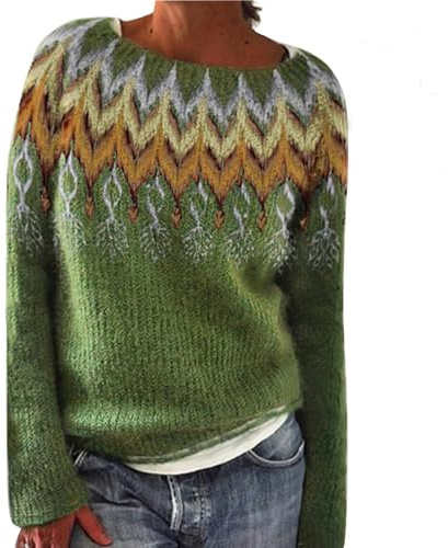 Norweger Pullover Damen,Strickpullover Damen Gestreift, Bunt Cashmere Strickpullover, Eleganter Wollpullover Rundhals Langarm Übergröße Warm Winter Pullover Oberteile