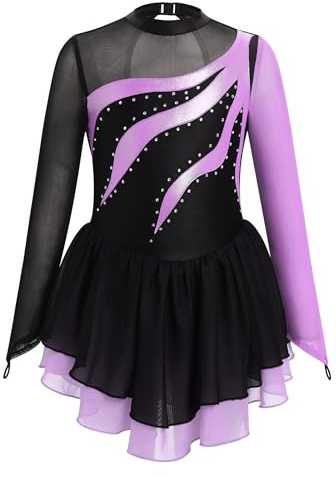 AFAVOM Sequin Figure Skating Dress for Girls Long Sleeve Mesh Rhinestone Ice Skating Dress Asymmetrical Chiffon Skirt Shiny Ballet Leotard Dancewear for Competition Performance Purple 3-4 Years