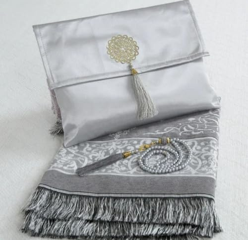 Générique Coffret Cadeau de Tapis de Priere Musulman avec Saccoche Chapelet en Perle SWAK et musc Offert (Gris)