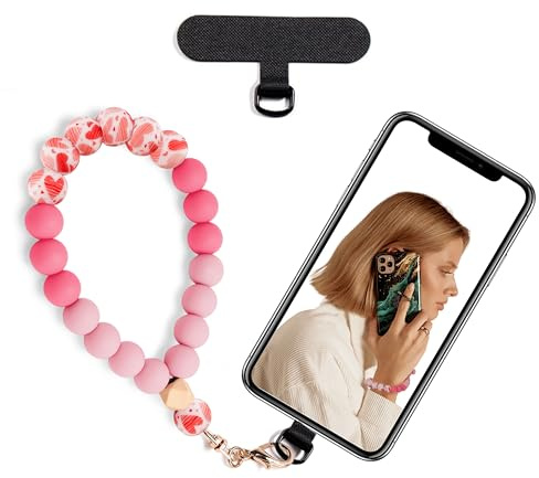 Lostars Silikonperlen-Handykette Kurz, Handyanhänger mit Handy Lanyard Pads, Elastische Handy Kette für freihändigen Gebrauch, für die Meisten Smartphones (Rosa Herz)