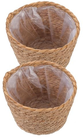 DECOMELODY Cestas Tejidas para Plantas De Interior y Flores, Juego De 2 Unidades, 18 Cm De Diámetro, Cesta De Maceta Rústica De Paja Natural, Decoración del Hogar y Arreglo Floral