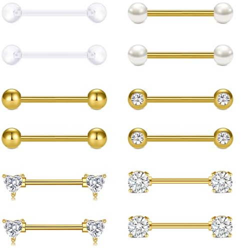 AVYRING 6 Paar Nippelpiercing Gold - 14G Barbell 16mm mit Herz-CZ-Design