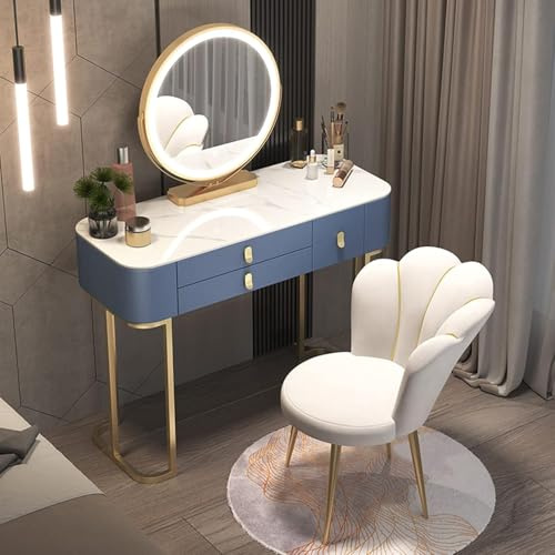 WANGXLGD Set di tavolini da toilette a luci LED con specchio, 3 cassetti e sgabello imbottito - Tavolino da trucco per la camera da letto delle ragazze - Elegante e funzionale (Blue,100cm)