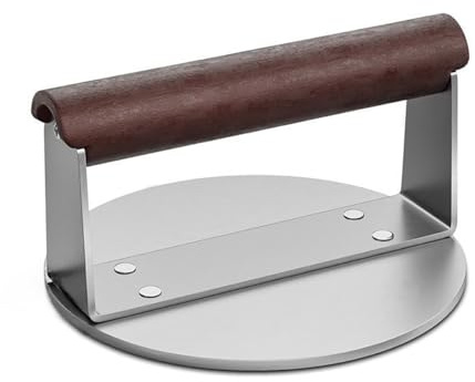 Stainless Steel Burger Press and Smasher - 6 Inch Round Heavy Duty Grill Press with Heat Resistant Wood Handle for BBQ, Griddle, Bacon, Steak, Meat.
