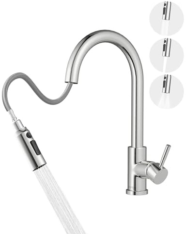 Küchenarmatur, Hochdruck Wasserhahn Küche Ausziehbar, Mischbatterie Küche mit küchenarmaturen, 360°-drehbare Wasserhahn küche, Edelstahl-Armatur Küche(Edelstahl Gebürstet)