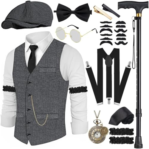 20-tals kostym, herrväst med tillbehör, hängslen, krycka, fickur, skägg basker glasögon, slipsnål för maffia, kostym, 1920 s, gangster, Peaky Blinders karneval, halloween, temafest, Mörkgrå, M