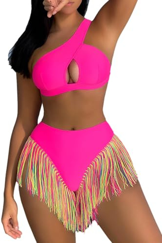 JOLISSLAN Women's Colorful Flowy Fringe Trim Swimsuit One Shoulder Bikinis Set Tummy Control Full Bathing Suit, Hollow Cut Rose Red/M