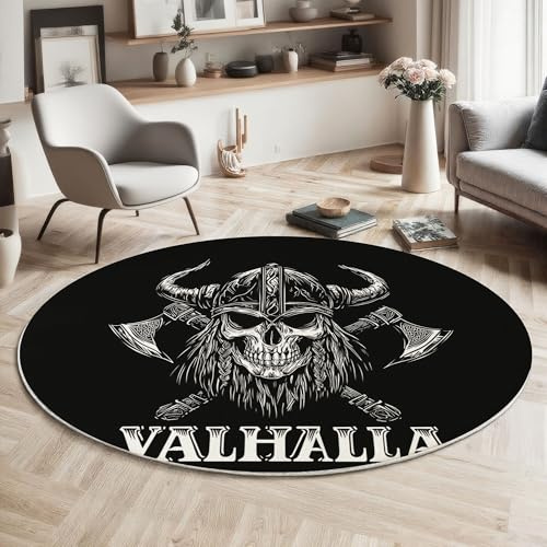 MIATCENRT Round Rug for Living Room, 90cm Area Rugs Vector Illustration Style Circular Rug Skull Axe Carpet, Black Soft Short Pile Large Carpets Anti Slip Floor Mat for Bedroom