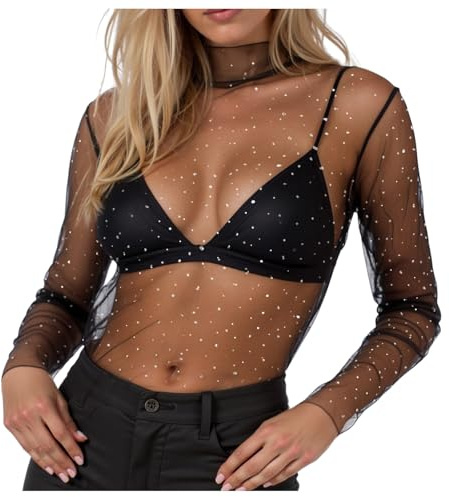 Glitzer Oberteile Damen Mesh Langarmshirt Dirndlbluse Transparent Dirndl Bluse Netzoberteil Festival Durchsichtiges Shirt Tüll Tops Oktoberfest Rave Outfit Cosplay (M)