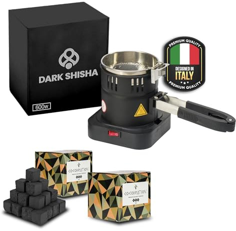 Set Hornillo Eléctrico Dark Shisha 600W con Cesta + 2 kg Carbón Cocobration 26 mm para Cachimba | Encendido Rápido 7–8 Minutos | Hasta 10 Carbones | Compacto y Seguro