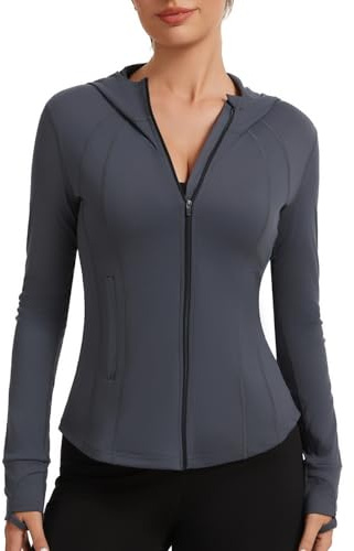 AMZSPORT Womens Sport Jacket Running Top Gym Hoodie with Zip Pockets, Grey M